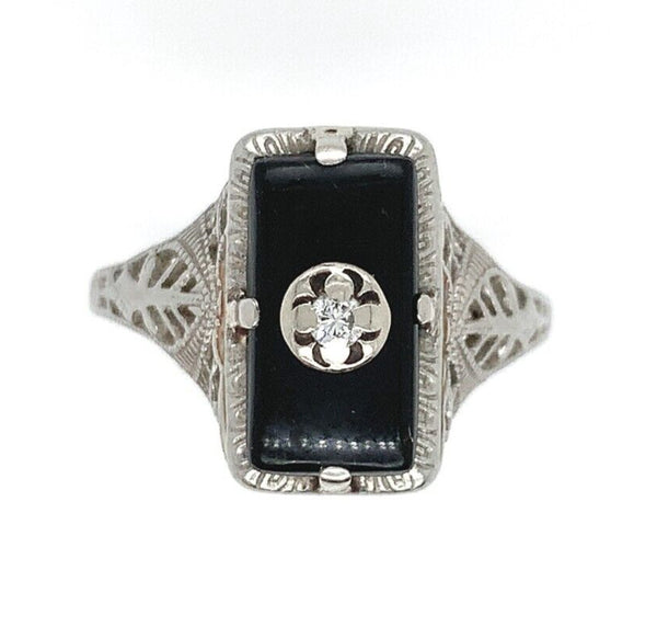 10k White Gold Genuine Natural Black Onyx and Diamond Filigree Ring (#J6212)