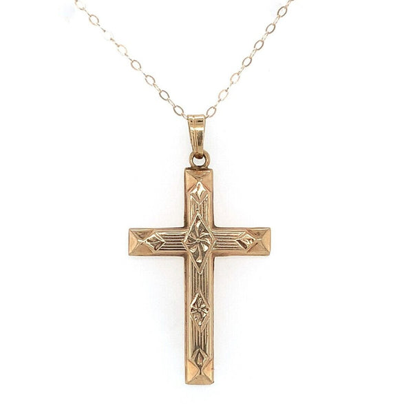 14k Yellow Gold Cross Pendant with Engraved Design and Chain Jewelry (#J6228)
