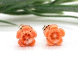 14k Rose Gold Carved Genuine Natural Coral Flower Stud Earrings (#J7352)