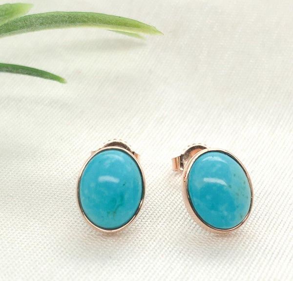 14k Rose Gold Genuine Kingman Turquoise Stud Earrings 3.12 Carats TW (#J7141)