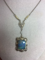 10k White Gold Art Deco Filigree 2.91 Carat Black Opal Pendant (#J5321)