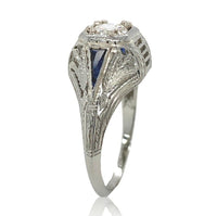 18k Gold Art Deco .41ct Diamond FIligree Lab-Created Sapphires GIA Report #J6749