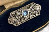 14k White Gold Filigree Genuine Natural Moonstone and Diamond Pin (#J4873)