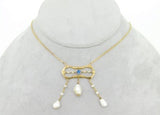 Art Nouveau 10k Yellow Gold Pearl Festoon Necklace w/Lab-Created Sapphire #J4381