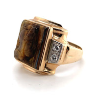 10k Yellow Gold Genuine Natural Tiger's Eye Cameo Men's Ring w/Diamonds (#J5891)