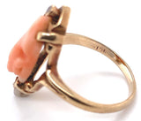Genuine Natural Coral Cameo 10k Yellow Gold Ring with Diamond Accents (#J5977)