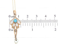 10k Gold Lavaliere Pendant with Freshwater Pearl Drop Turquoise Glass (#J6689)