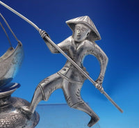 .900 Silver Tea Strainer Figural Man and Fishing Pole w/Net Hanoi Vietnam #3954