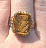 Victorian Genuine Natural Tiger's Eye Cameo 10k Gold Ring Size 10.5 (#J6222)