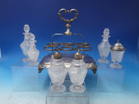 Silverplate Cruet Set 7 Piece with Footed Caddy and 6 Glass Bottles (#6489)