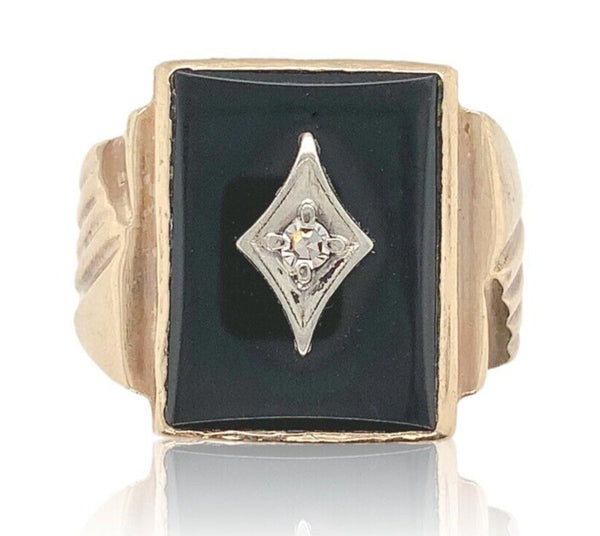10k Gold Men's Genuine Natural Black Onyx and Diamond Ring Size 7 (#J6630)