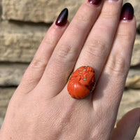 14k Yellow Gold Filigree Genuine Natural Coral Cameo Ring Size 9.25 (#J6298)