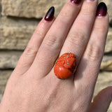 14k Yellow Gold Filigree Genuine Natural Coral Cameo Ring Size 9.25 (#J6298)