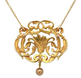 18k Gold French Bouquet of Flowers Necklace w/ Pearl Drop and 18k Chain (#J7528)