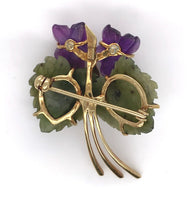 14k Yellow Gold Carved Genuine Amethyst Violet Flower and Jade Leaf Pin (#J7253)