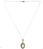 14k White Gold Deco Genuine Natural Opal Filigree Pendant Necklace (#J5701)