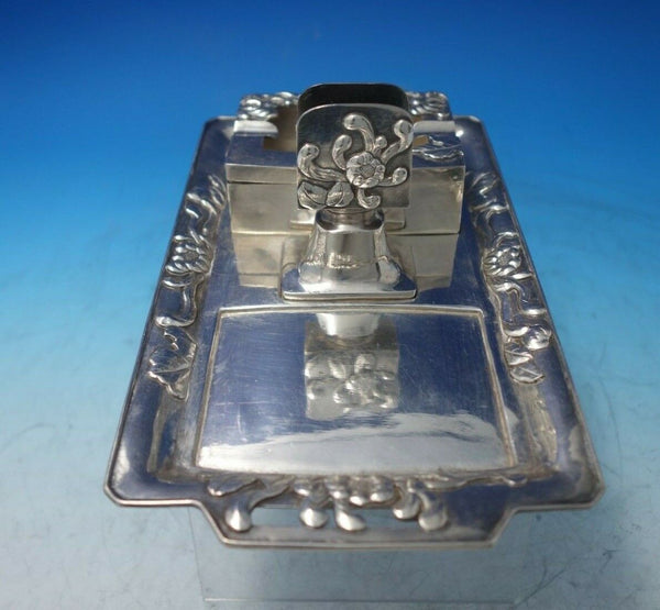 Japanese Sterling Silver Smoking Set 3pc with Applied Flowers Leaves (#6071)