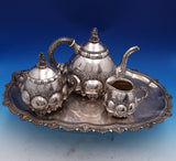 Hungarian 935 Silver Tea Set 4pc Art Deco Hand Hammered w/ Stone Finial (#8314)
