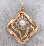 Victorian 12k Rose Gold Floral Pendant w/Pearl, Seed Pearls, Glass Stones #J7530