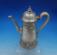 European Sterling Silver Tea Pot with Repousse and Chased Flowers Rattan (#6834)