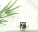 14k Yellow Gold 3 Carat Emerald Cut Moss Genuine Natural Agate Ring (#J7148)