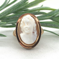 10k Gold Filigree Ring with 3-D High Relief Genuine Natural Shell Cameo (#J7272)