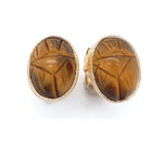 14k Gold Earrings w/ Scarab Carved Genuine Natural Tiger's Eye Quartz (#J6685)