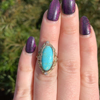 10k Gold Arts and Crafts Campito Genuine Natural Turquoise Flowers Ring (#J6560)