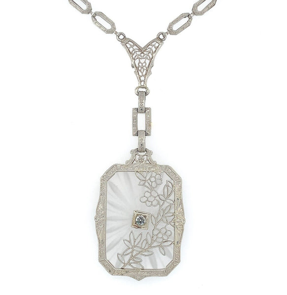 14k White Gold Genuine Natural Rock Crystal Quartz Necklace w/Cast Links #J6196