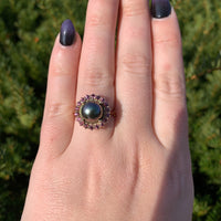 14k White Gold 9.5mm Black Tahitian Pearl and Raspberry Sapphire Ring (#J7019)