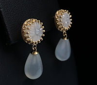 14k Yellow Gold Genuine Natural Moonstone Drop Earrings w/Carved Flowers #J5636