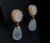 14k Yellow Gold Genuine Natural Moonstone Drop Earrings w/Carved Flowers #J5636
