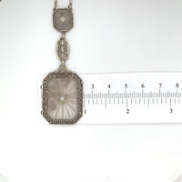 14k White Gold Genuine Natural Rock Crystal Quartz Deco Filigree Necklace #J6173