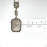 14k White Gold Genuine Natural Rock Crystal Quartz Deco Filigree Necklace #J6173