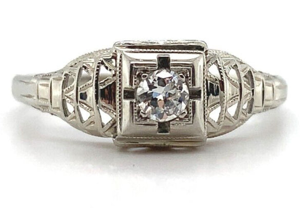 18k White Gold Filigree Genuine Natural Diamond Ring w/Pcd Chevron Design #J5946