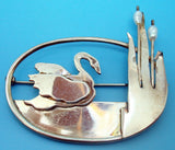 Sterling Handwrought Brooch with Swan and Pearls (#J2979)