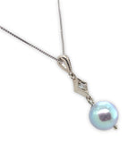 14k White Gold 8.8mm Blue Akoya Pearl and Diamond Pendant with Chain (#J7022)