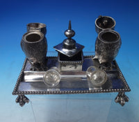 Silverplate Double Inkwell with Owls Glass Eyes 6 1/4" x 4 3/4" c.1910 (#5749)