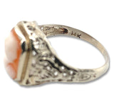 Art Deco 14k White Gold Filigree Genuine Natural Shell Cameo Ring (#J7064)