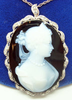 18k White Gold Genuine Natural Agate Stone Cameo Diamond Pendant (#J2463)