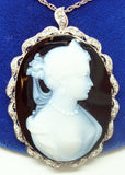 18k White Gold Genuine Natural Agate Stone Cameo Diamond Pendant (#J2463)