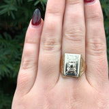 10k Yellow and White Gold Men's Ring with Crest Hand Engraved Size 9.75 (#J6353)