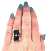 14k White Gold Custom Cut Genuine Natural Black Onyx Filigree Ring (#J5822)