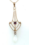 Gold 10k Lavaliere with Purple Paste Glass Victorian Jewelry (#J6065)