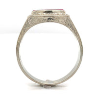 14k White Gold Men's Synthetic Lab-Created Ruby Ring w/ Hand Engraving (#J6643)