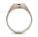 14k White Gold Men's Synthetic Lab-Created Ruby Ring w/ Hand Engraving (#J6643)