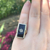 14k White Gold Genuine Natural Onyx Filigree Ring with Diamond Jewelry (#J6208)