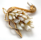 14k Yellow Gold Swan Brooch Pin with Freshwater River Pearls Jewelry (#J6236)