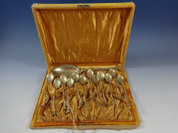 German 800 Silver Ice Cream Set Circa 1884 GW Vermeil In Fitted Box Leaf Branch