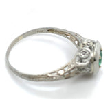 18k White Gold Deco Filigree .21ct Genuine Natural Emerald Ring (#J6332)